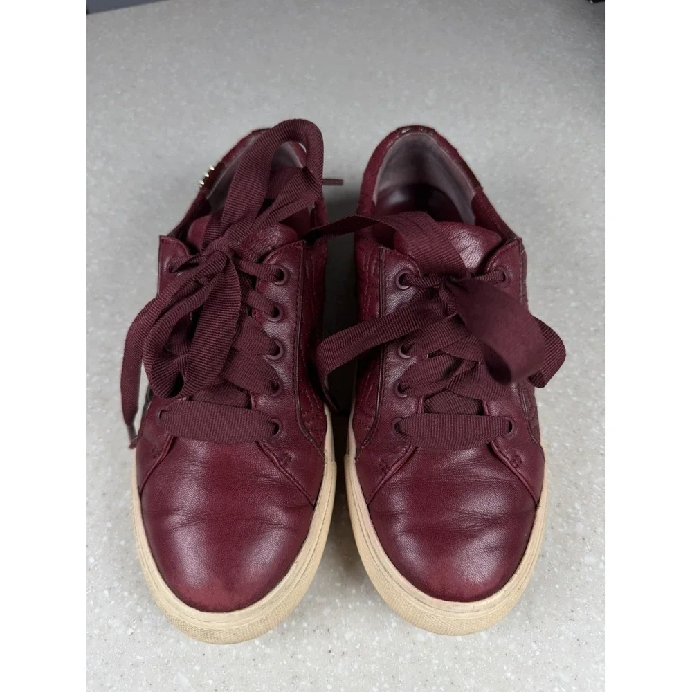 Tory Burch Marion Quilted Leather Logo Ribbon Laced Sneakers Red Burgundy 5.5M